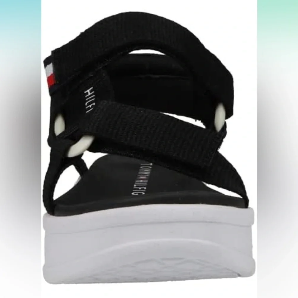 TOMMY HILFIGER Unisex Kids Th Leomi Utility Sandals Black/White US Size 2 NEW!🩴